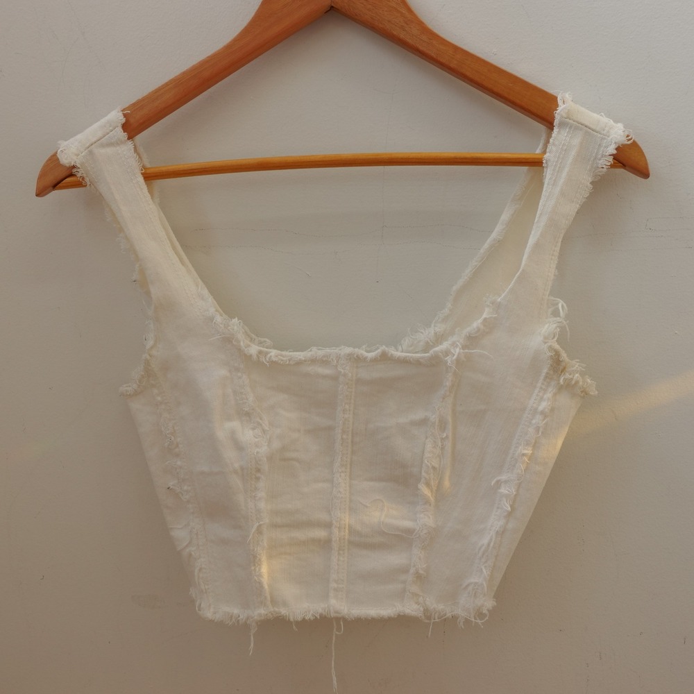 Y2K Fairy Grunge Corset Crop Top Womens XS White Boho Denim Bustier Frayed ADIKA - Picture 1 of 9